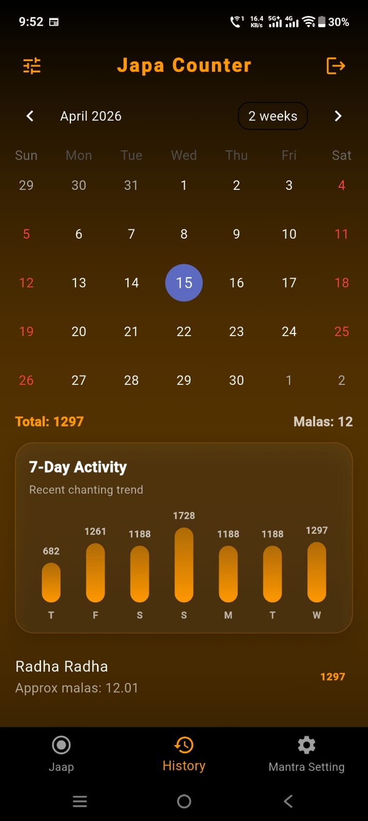 Japa Counter history screen